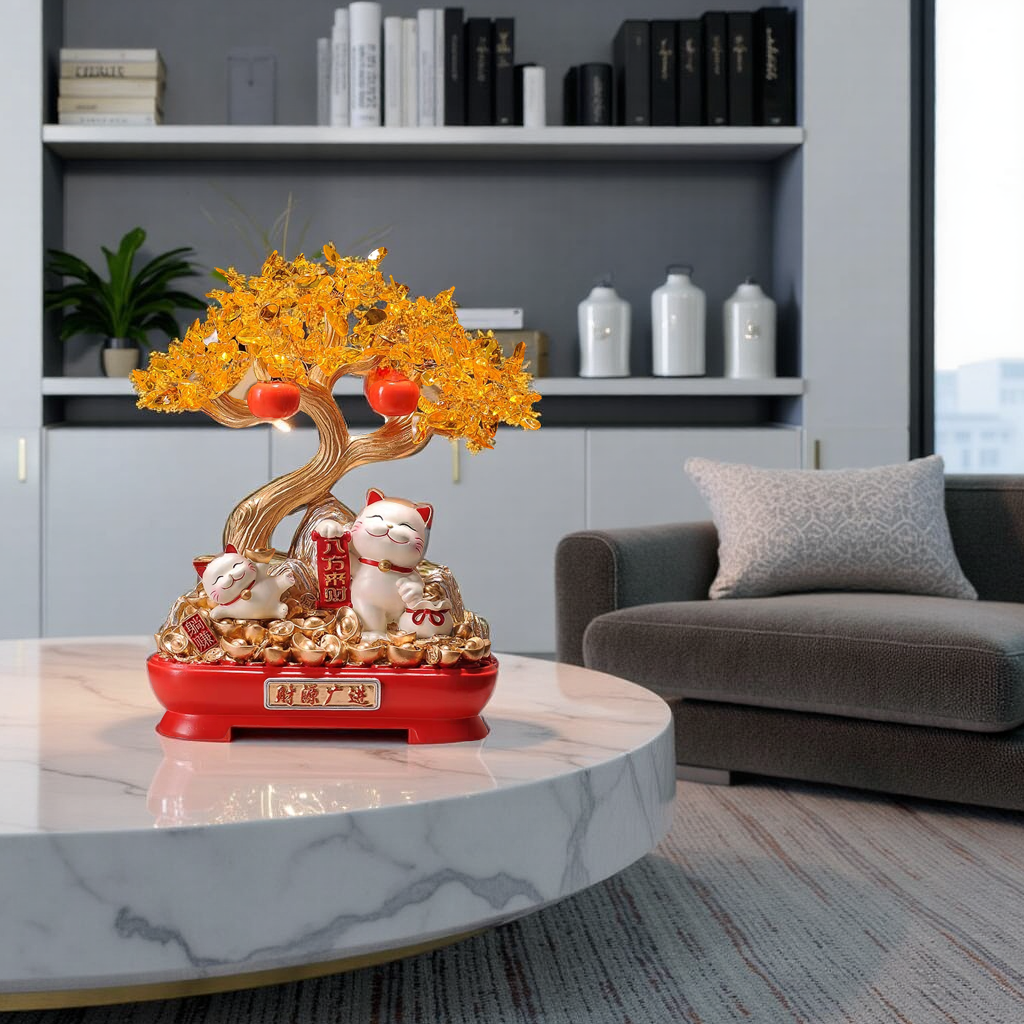 Treasure Bloom – Maneki-Neko & Prosperity Tree Figurine