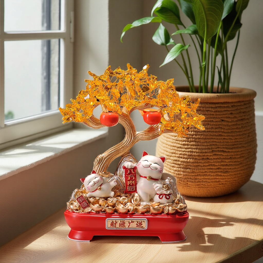 Treasure Bloom – Maneki-Neko & Prosperity Tree Figurine