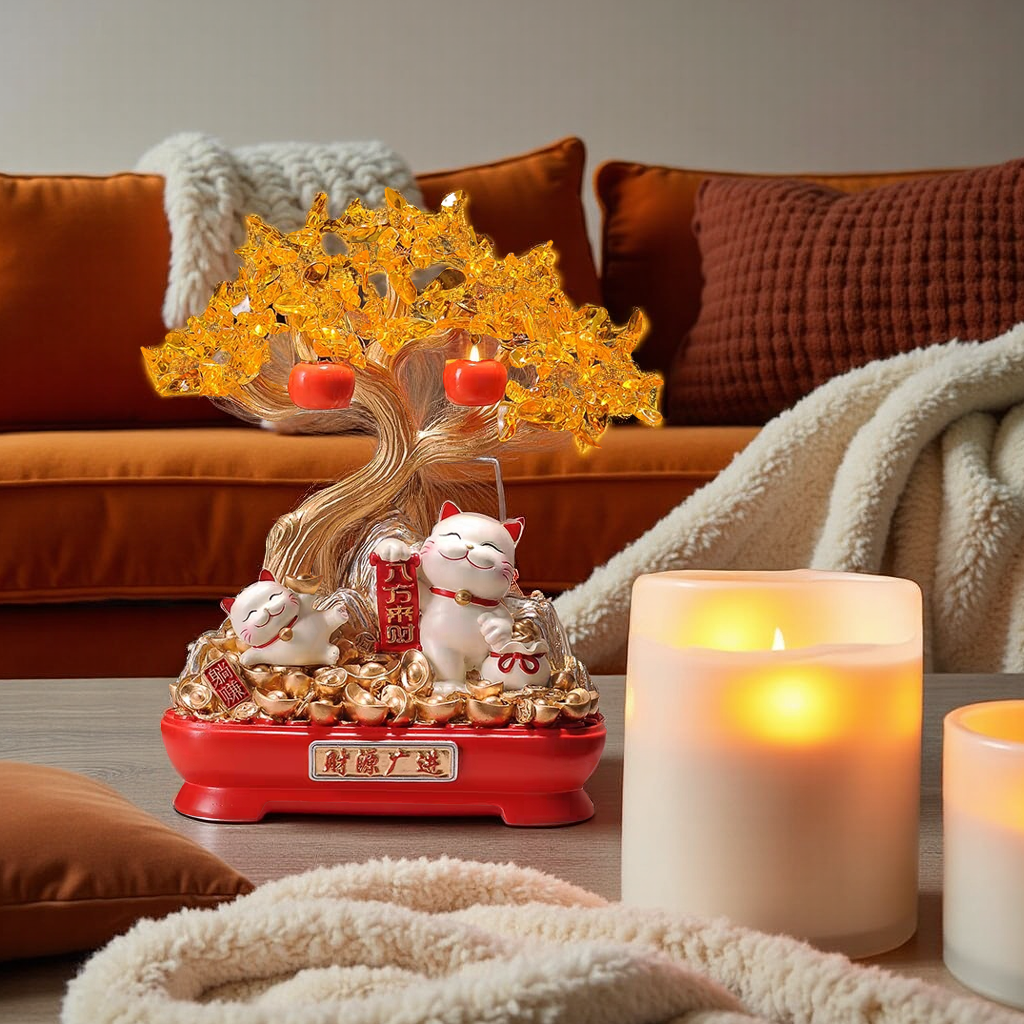 Treasure Bloom – Maneki-Neko & Prosperity Tree Figurine