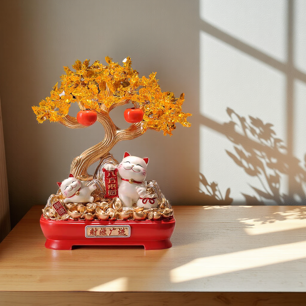 Treasure Bloom – Maneki-Neko & Prosperity Tree Figurine