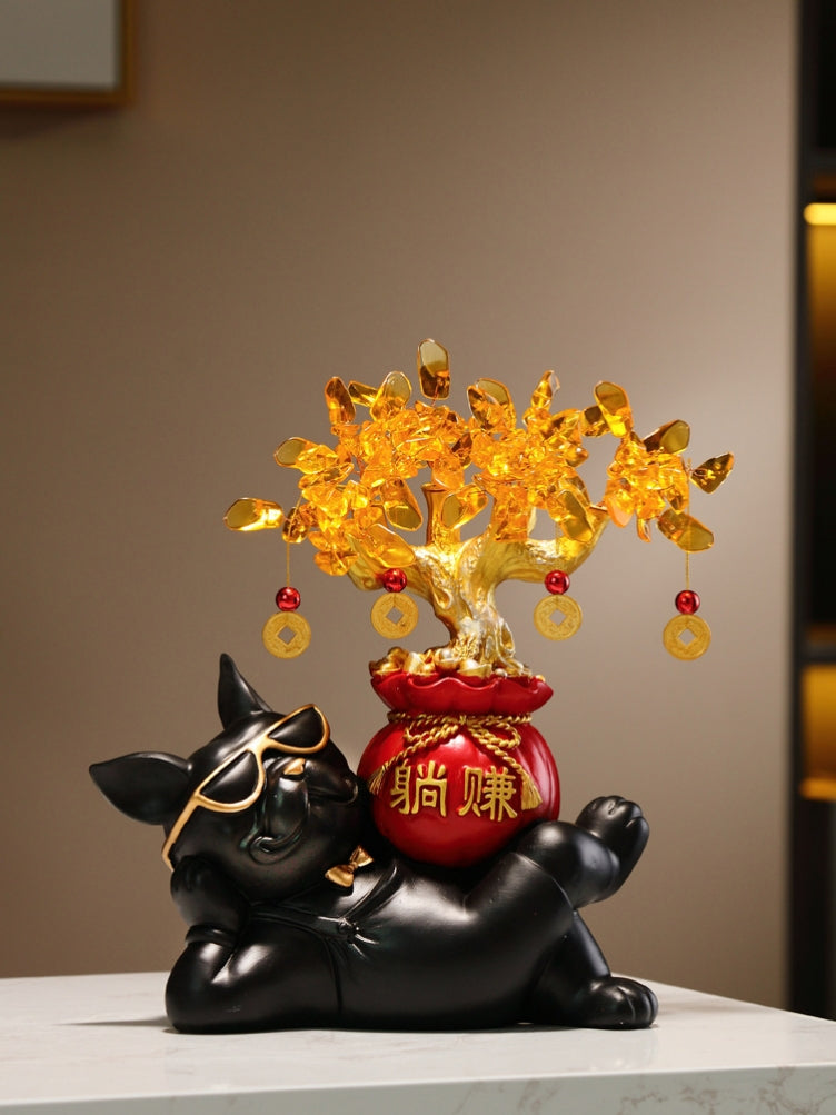 Golden Swagger – Wealth Dog & Prosperity Tree Figurine