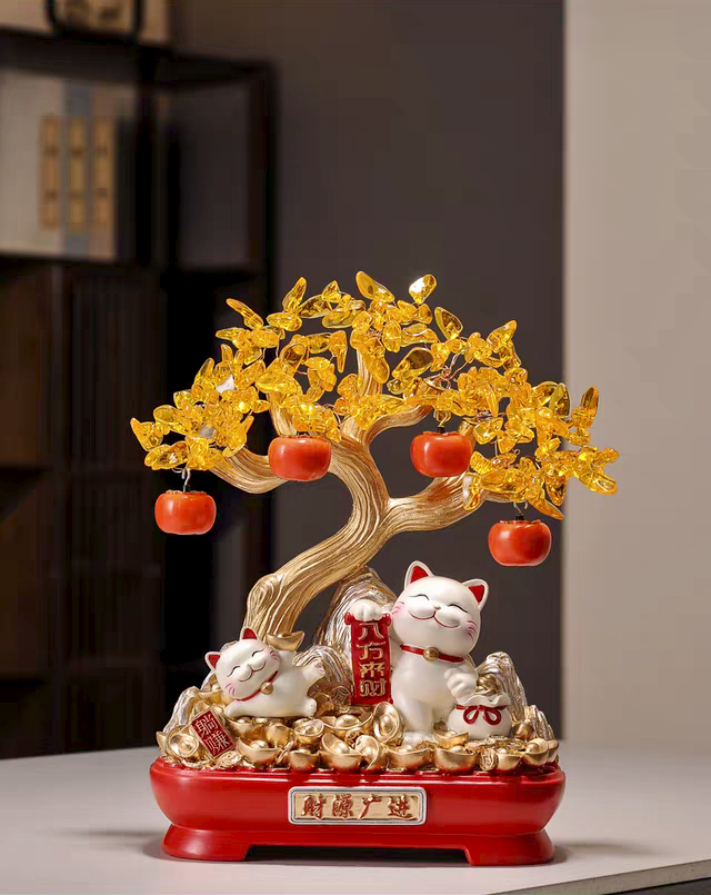 Treasure Bloom – Maneki-Neko & Prosperity Tree Figurine