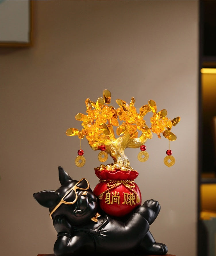 Golden Swagger – Wealth Dog & Prosperity Tree Figurine