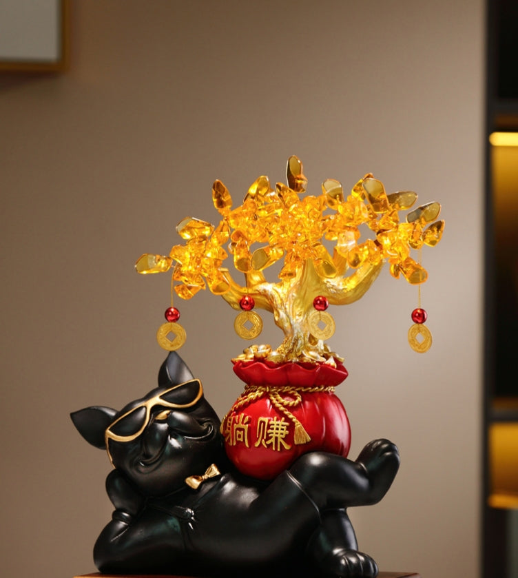 Golden Swagger – Wealth Dog & Prosperity Tree Figurine