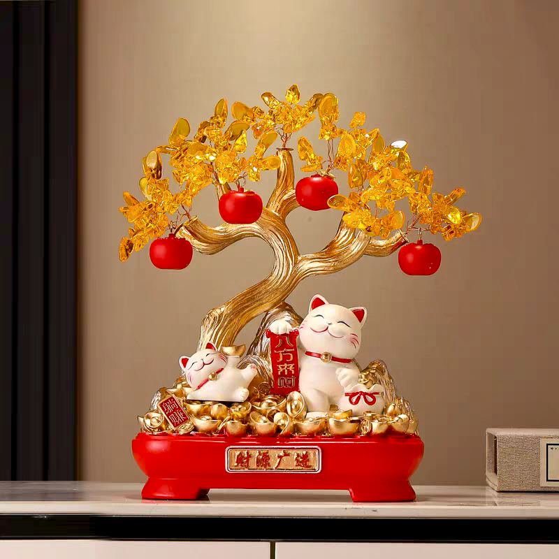 Treasure Bloom – Maneki-Neko & Prosperity Tree Figurine