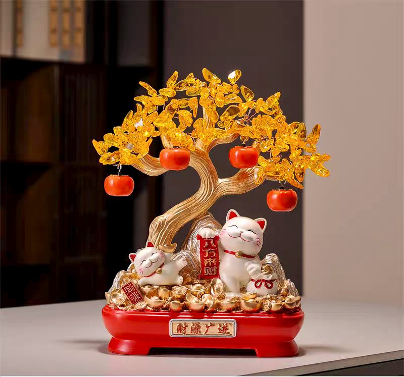 Treasure Bloom – Maneki-Neko & Prosperity Tree Figurine
